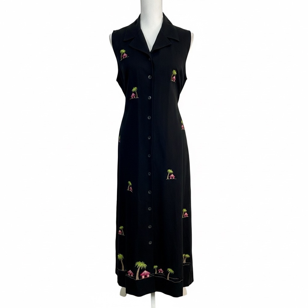 Erika Vintage Tropical Embroidered Linen Blend Maxi Dress Large Black Cabana